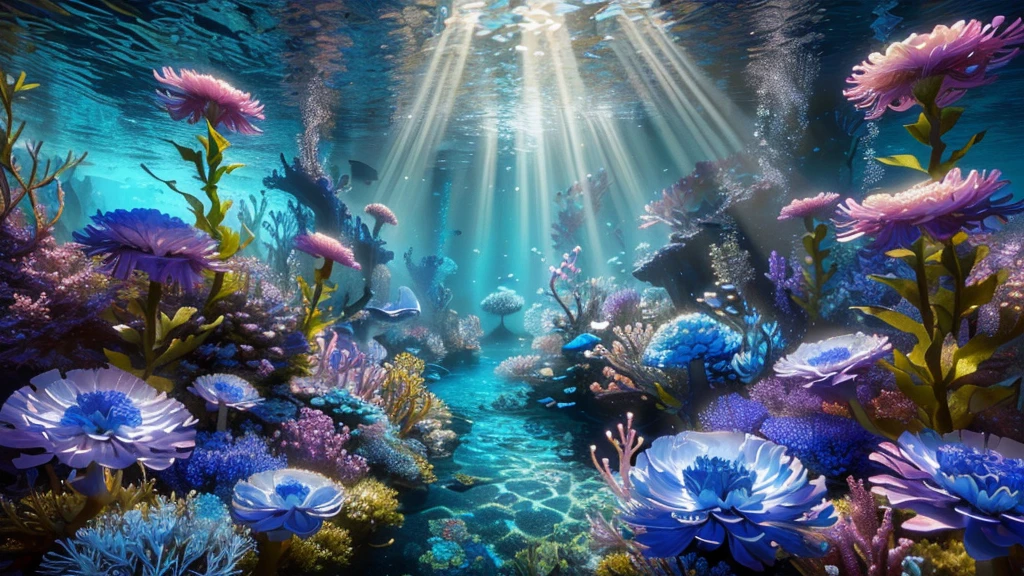 there is a picture of a beautiful Underwater Scene with flowers, water scenery, Amazing depth, Underwater Scenery, Incredible depth, marine environment, Underwater Scene, Beautiful composition 3-d 4k, aquatic environment, water scenery, Underwater mushroom forest, Highly detailed digital art in 4K, Surrealism 8k, deep Underwater Scene, Beautiful Art UHD 4K, fantastic sea scenery