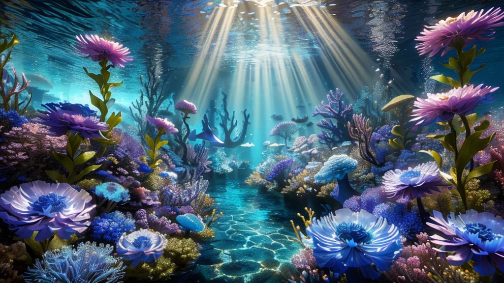 there is a picture of a beautiful Underwater Scene with flowers, water scenery, Amazing depth, Underwater Scenery, Incredible depth, marine environment, Underwater Scene, Beautiful composition 3-d 4k, aquatic environment, water scenery, Underwater mushroom forest, Highly detailed digital art in 4K, Surrealism 8k, deep Underwater Scene, Beautiful Art UHD 4K, fantastic sea scenery