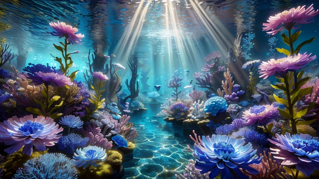 there is a picture of a beautiful Underwater Scene with flowers, water scenery, Amazing depth, Underwater Scenery, Incredible depth, marine environment, Underwater Scene, Beautiful composition 3-d 4k, aquatic environment, water scenery, Underwater mushroom forest, Highly detailed digital art in 4K, Surrealism 8k, deep Underwater Scene, Beautiful Art UHD 4K, fantastic sea scenery