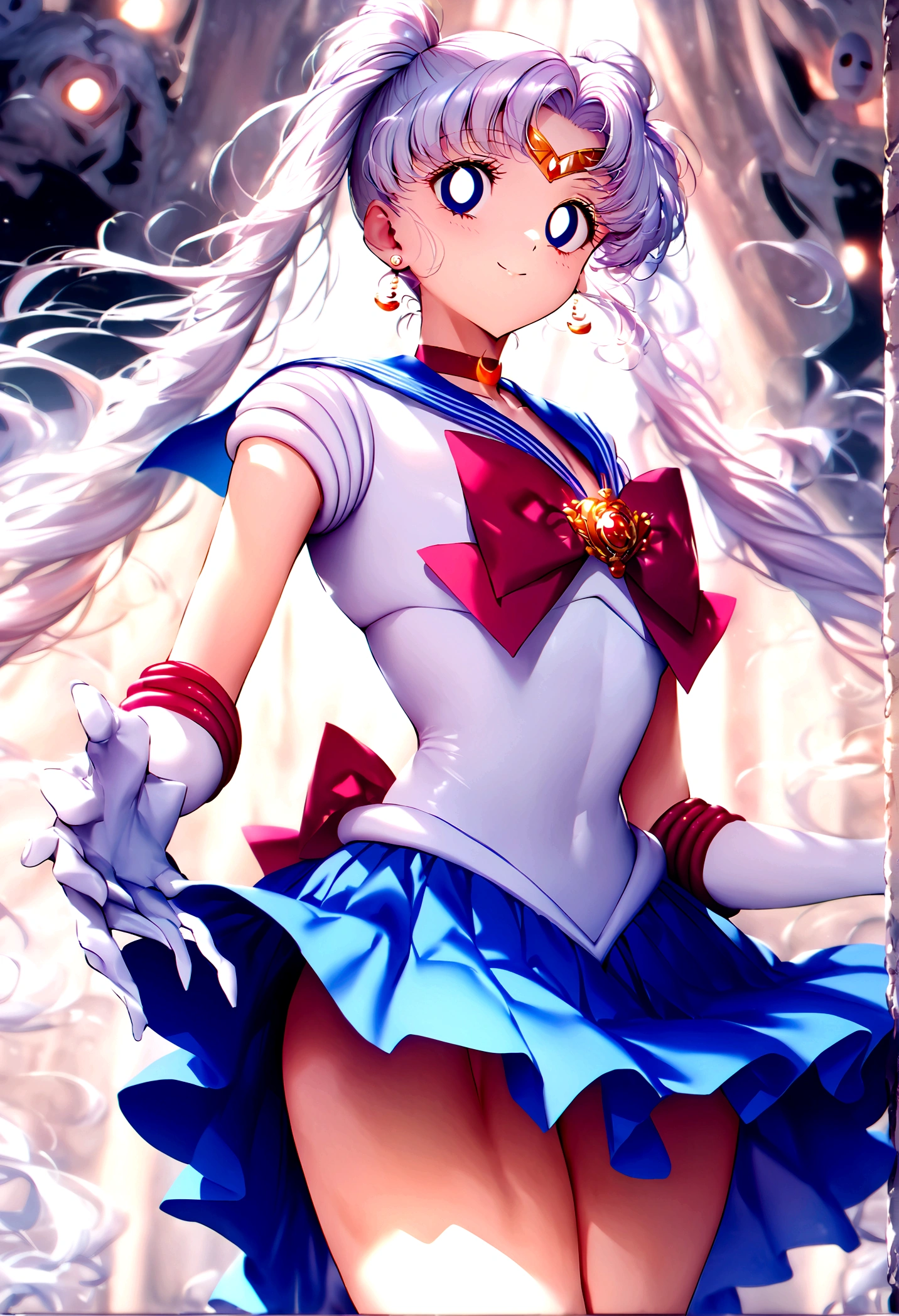 (masterpiece, Highest quality, so beautiful, Very detailed), Intricate details, 12k, Honestly, Long Hair, Double Bang, Twin tails, Parted bangs, tiara, Earrings, Red eyes, Red choker, Blue sailor collar, Red Bow, White shirt, - Elbow hand pockets, White gloves, Blue Skirt, Are standing, Cowboy Shot,,(Wicked Smile:1.2), One girl,(Silver Hair:1.4),(Hollow Eyes,:1.4),From below,Watching the dawn,Dark aura,View your audience