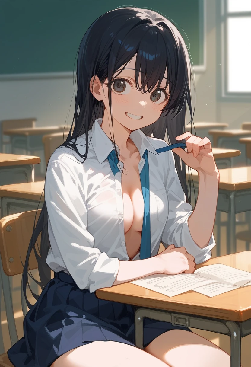 Hoshino Ichika,Project Sekai,project sekai,One girl,grin,high school girl,Blue-black hair,black eye,beautiful girl,long hair,School,White shirt,Blue tie,skirt,Sitting in a chair,Watching the audience,nsfw,The shirt is unbuttoned,Unfolding his shirt,