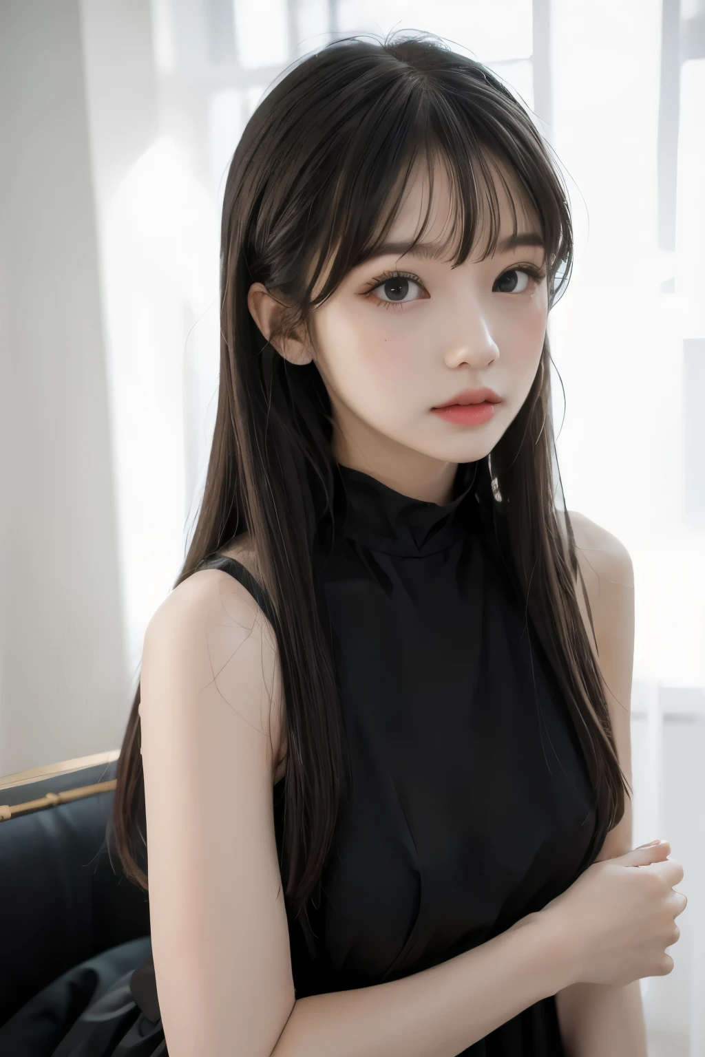 1 woman,hair with bangs,black long dress,white background,