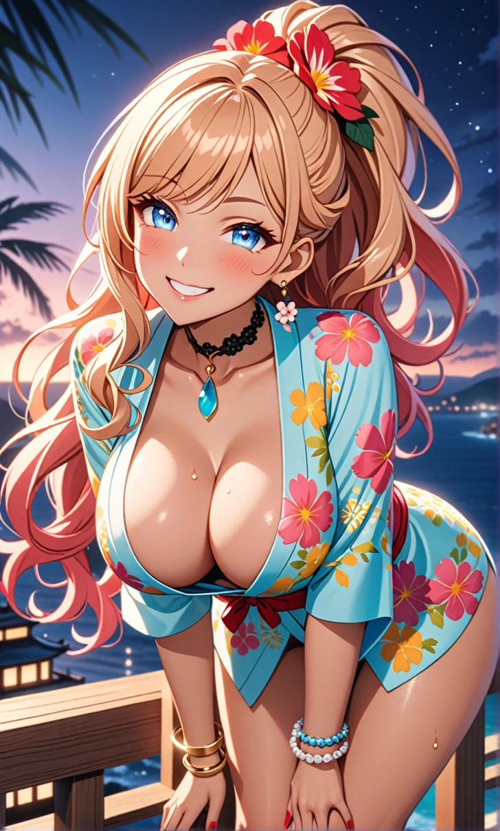 ultra-detailed, ((one girl)), (tan skin improved:1.0), (in pastel colors gyaru), (sweat skin), (heavy makeup), hyper detailed, absurdres, 8K, Beautiful Face, (Laugh shyly), ((teasing smile:1.8)),((Wink:1.6)), (Laugh with your mouth wide open),((Tilt your head:1.6)), View your viewers, ((Bright red cheeks:1.6)),Glossy Red Lips, ((Big Breasts:1.5)), ((show off breast:1.4)), ((Fold your arms under your chest:1.3)), night, An observation deck overlooking the sea, ((Anime style background)),masterpiece, Highest quality, so beautiful,Latest, Complex details, (Pink long nails), (nail art), (ring),(bracelet), (Floral Choker),AI-generated, Complex,High resolution, Highest quality, super high quality,3D Images、3D Images,One person,Yellow long hair,(High Ponytail), (wavy hair:1.3), Anime woman posing for a photo, ((Fine grain、blue eyes、glowing eyes:1.4)), (Squint your eyes:1.1),a hyperRealistic , hyperRealistic , Realistic,Anime woman with long yellow hair, Smooth anime CG art, A girl wearing a pastel-colored kimono, ((undressing)), ((Pastel-colored furisode)),(Pink large floral pattern) ,Long flower hair ornament,Floral Earrings,Mature Body, tall,Narrow waist, ((leaning forward:1.4)),(hands on knees), (front view),
