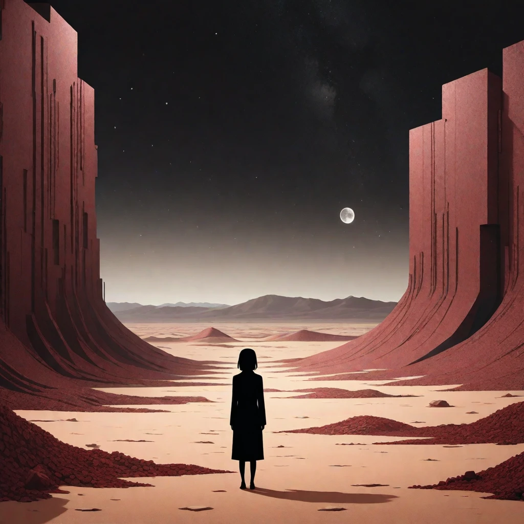 Abstract representation of depression and loneliness, visualized through a fragmented landscape, dark voids, and a lonely character in a desert environment|(Insulation):1.4|(Surreal images)|Yume Nikki&#39;s influence. masterpiece, Best quality, detailed, realistic, 8k contract, high quality, realistic, accurate, bright, absurdity, SimplypositiveXLv1

