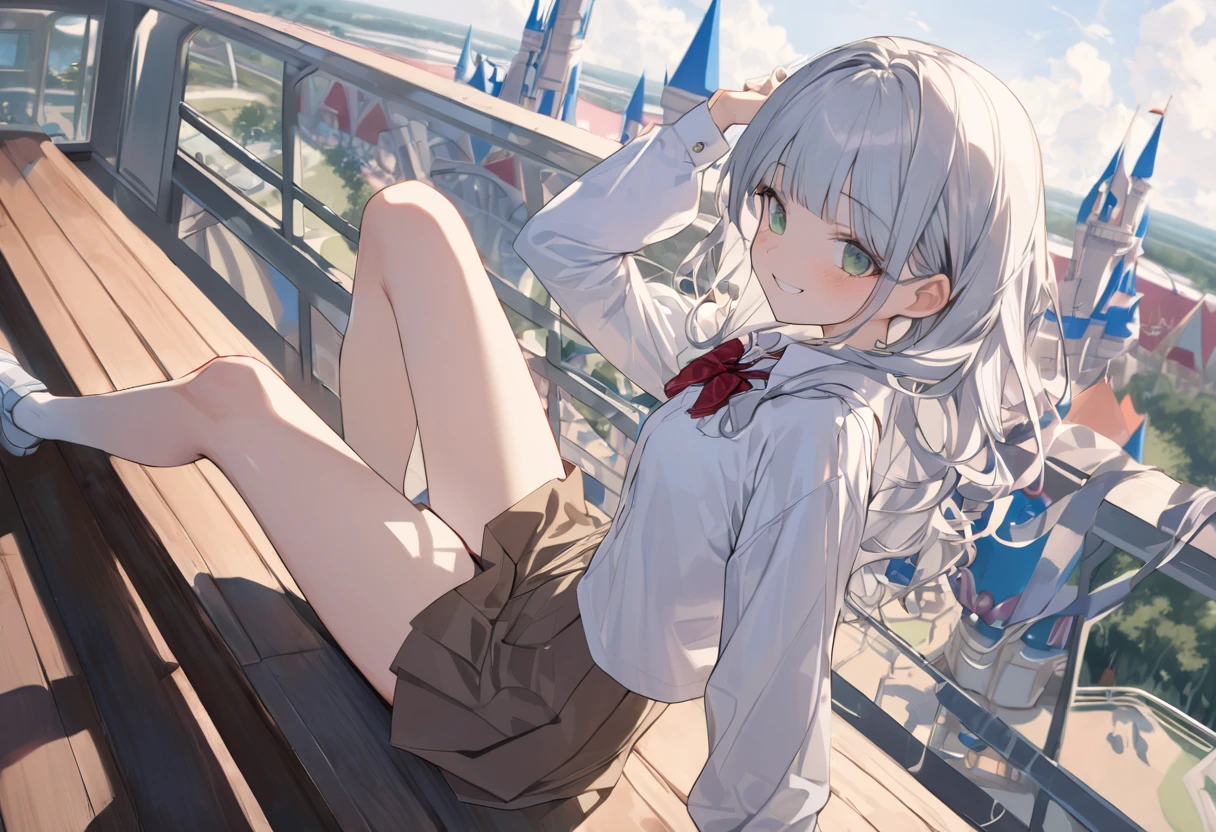 ((Masterpiece)), ((best quality)), (ultra-detailed), ((kawaii)), ((extremely detailed)), 4K, (8K), (super detail:1.2),(High Definition:1.3), (Professional Photography:1.2), (very aesthetic:1.2), (absurdres:1.2), (wide shot), cinematic lighting, (sharp focus), (perfect light), ((1girl)), (()), (medium breast), (Healthy slim body), 8K, Textured skin, cinematic lighting, (1girl), short stature, ((cute teenage younrl)), (loose blunt bangs), slightly loose curls hair, (breasts length hair), pale silver hair, ((naughty smile)), (cute green eyes), drooping eyes, slender waist, ((pale Ivory blazer of school uniform)), (white blouse), put on red string ribbon, (brown skirt), BREAK, ((best quality)), (very aesthetic:1.2), (absurdres:1.2), (super detail:1.2), arm up, ((perfect hand)), (Relaxed sitting on the rooftop), (the Disney Resort), Cinderella Castle spreading out below,