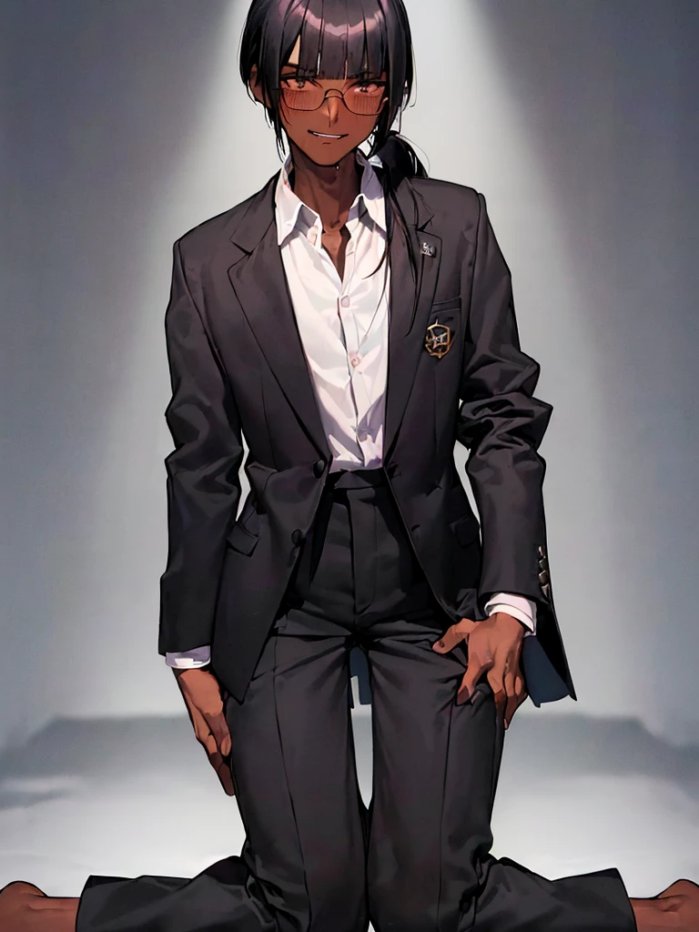 (1 boy solo),(dark skin:1.5) ,20 years old, (black hair:1.3),  (glasses:1.4),  , (straight hair:1.5), (evil smile:1.2) ,long sidelocks, (blush:1.3),(kneeling:1.3),(Put left knee in front:1.5),(boy's school uniform gakuran,pants:1.5),spread legs,bend knee,(low long ponytail:1.4),(blunt bangs:1.4), (greaming skin:1.3),(flat_chest),(wide hips:1.3)