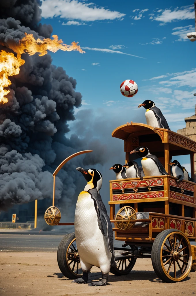 Two penguins sitting on a chariot,There is a claw in front of the chariot and a football in the middle of the claw.,There is smoke around the car