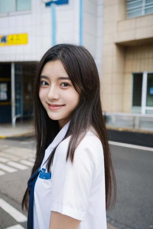Japanese girl with long black hair, with doctor uniform in hospital