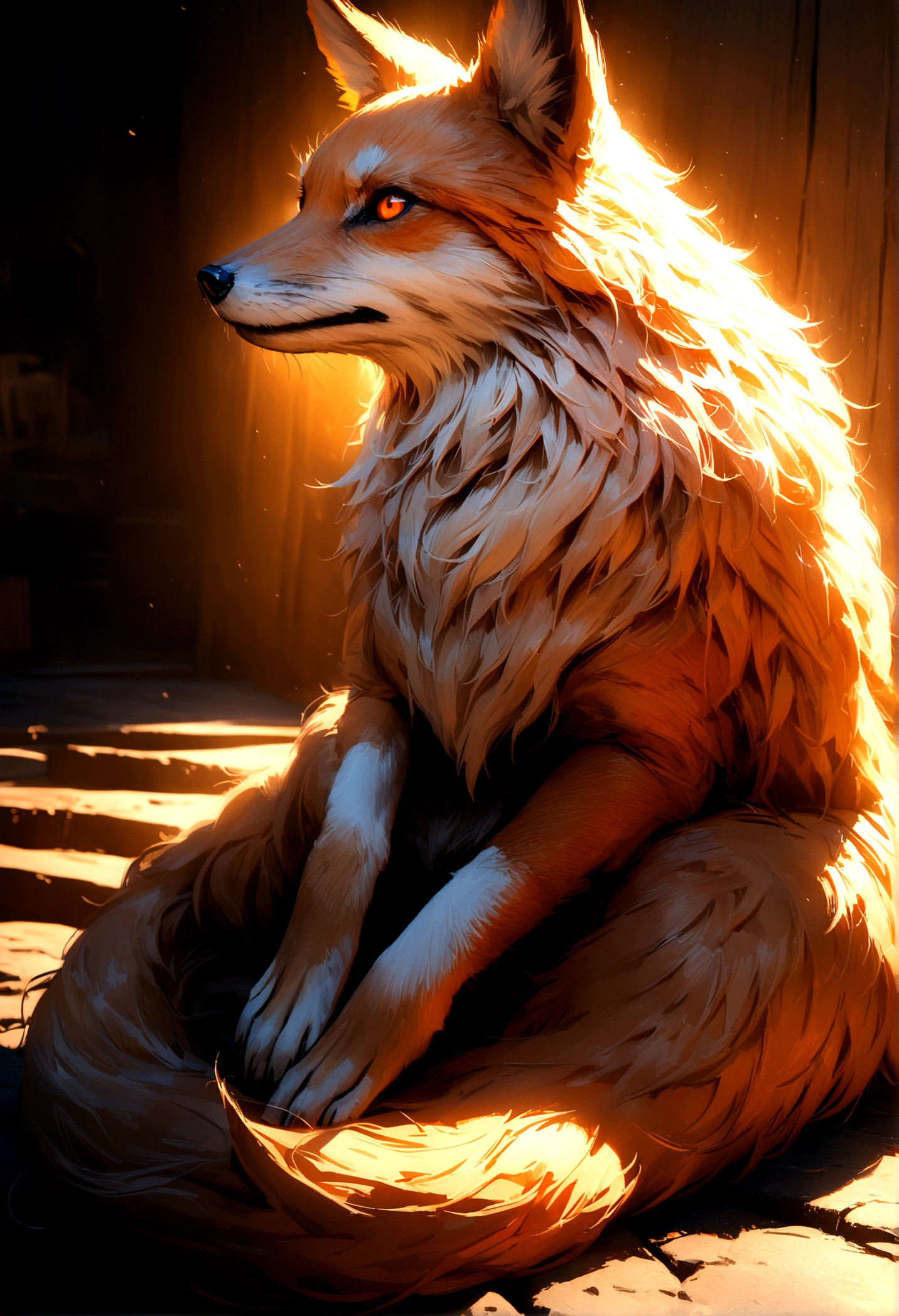 A fox, sitting upright, orange eyes,detailed fur texture,highly detailed, cinematic lighting,vibrant colors,photorealistic,8k,masterpiece