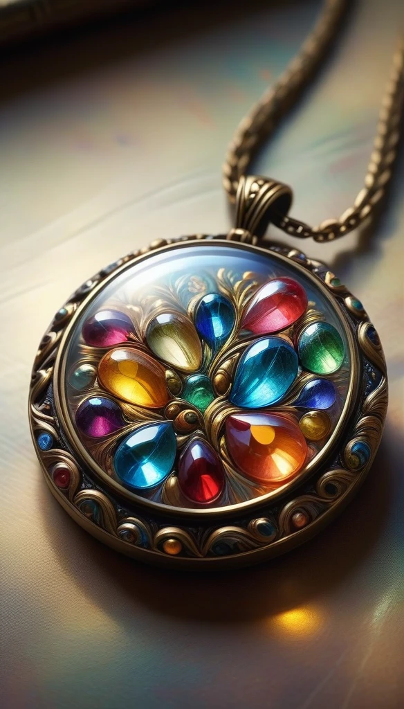 mad-vangoghian , macro photo, sparkling magical fantasy magical necklace, made out of transparent multicolored glass gemstones, light shines through
magical artifact, very detailed, amazing quality, intricate, cinematic light, highly detail, beautiful, surreal, dramatic, warm colors,