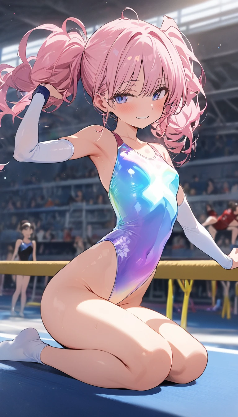 highquality illustration, masterpiece, very delicate and beautiful, attractive girl,(gymnastics leotard, Floral patterns leotard,long sleeve leotard with glittery decoration,high_leg leotard,athletic leotard,tight-fit leotard,iridescent gradient leotard,long-sleeve leotard),thin,slender body,slim,high school,gymnasium background,gymnastics club,gymnastics athlete,princess, beautiful eyes,light smile,(masterpiece, best quality:1.2), highres, extremely detailed CG unity 8k wallpaper, perfect lighting, Colourful, ultra-high res,4K,ultra-detailed, photography, 8K, HDR, 17 ages, full body,