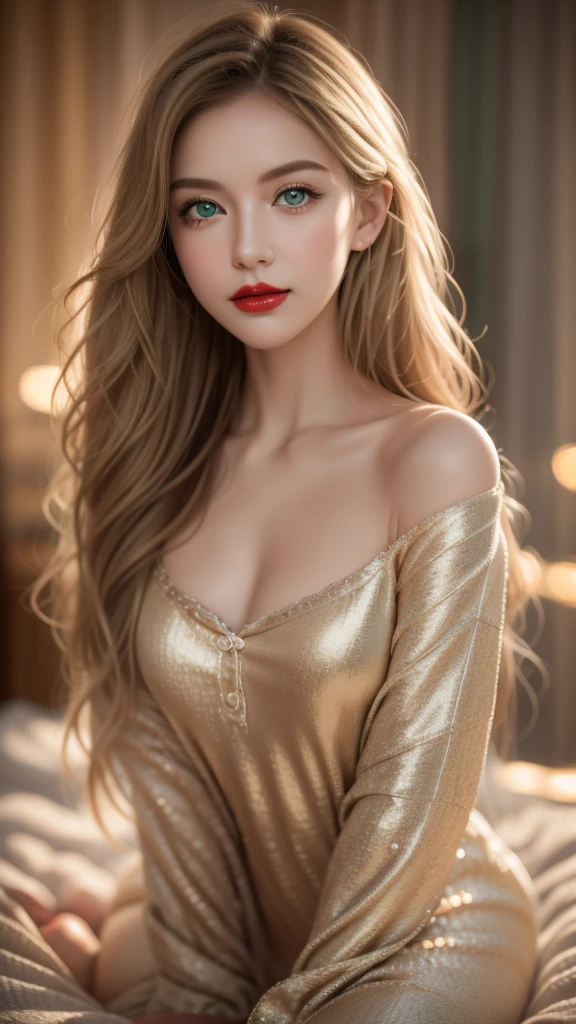 A beautiful young woman, blond,Gently falls to the shoulders in the form of waves, medium height, Big green eyes, Fair skin, She is wearing pajamas, She lay on the bed, Do hair care before bedtime, The environment is illuminated by warm and pleasant lighting,Make your hair sparkle, His face was naturally calm., Lips with red lipstick, 8k Textures, Very detailed, Realistically, Soft lighting, Human Development Report, Sharp focus, masterpiece, Fotor is very realistic, Award-winning photography, Canon EOS R5, 35 mm