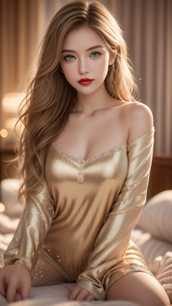 A beautiful young woman, blond,Gently falls to the shoulders in the form of waves, medium height, Big green eyes, Fair skin, She is wearing pajamas, She lay on the bed, Do hair care before bedtime, The environment is illuminated by warm and pleasant lighting,Make your hair sparkle, His face was naturally calm., Lips with red lipstick, 8k Textures, Very detailed, Realistically, Soft lighting, Human Development Report, Sharp focus, masterpiece, Fotor is very realistic, Award-winning photography, Canon EOS R5, 35 mm