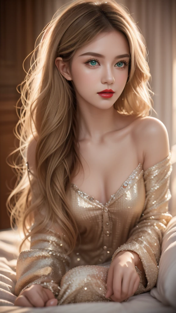 A beautiful young woman, blond，Gently falls to the shoulders in the form of waves, medium height, Big green eyes, Fair skin, She is wearing pajamas, She lay on the bed, Do hair care before bedtime, The environment is illuminated by warm and pleasant lighting，Make your hair sparkle, His face was naturally calm., Lips with red lipstick, 8k Textures, Very detailed, Realistically, Soft lighting, Human Development Report, Sharp focus, masterpiece, Fotor is very realistic, Award-winning photography, Canon EOS R5, 35 mm