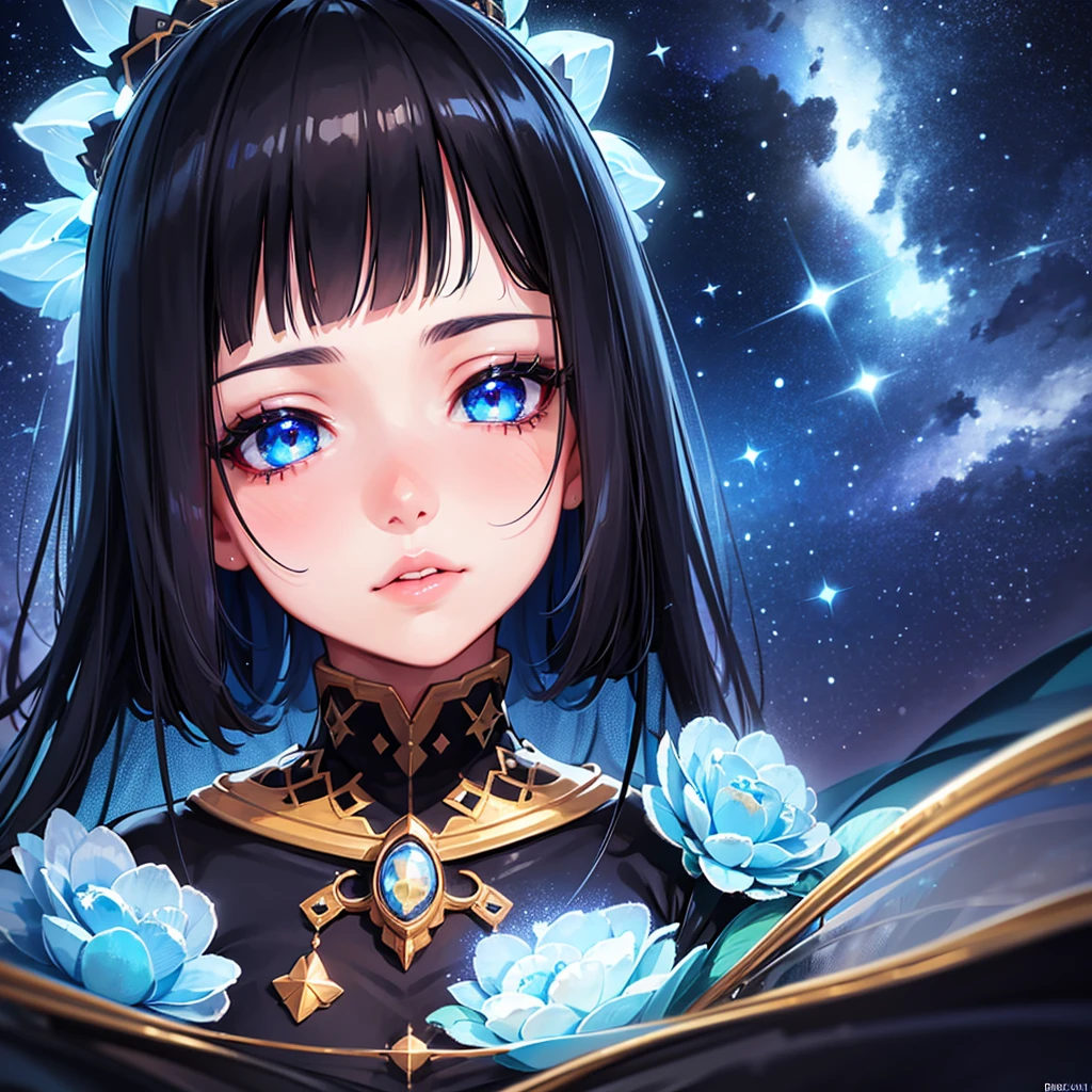 1girl, beautiful detailed eyes, beautiful detailed lips, extremely detailed face, long eyelashes, kawaii aesthetic, blue eyes, black hair with bangs, starry night sky, fantasy, cosmic, ethereal, dreamlike, vibrant colors, glowing, cinematic lighting, 8k, high resolution, intricate details, masterpiece