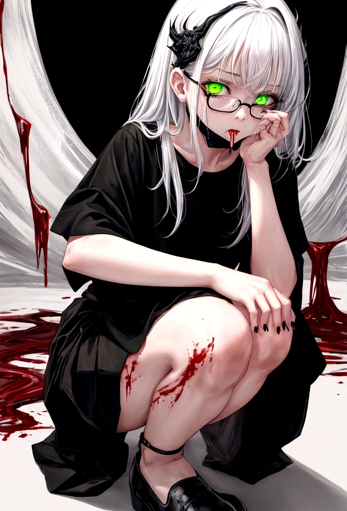 1girl, looking away, glowing eyes, green eyes, hand on own cheek, black t-shirt, black skirt, black socks, white and black shoes, dark and blue background, small hair, white hair, medium , full body, head phone, sharp fingernails, read fingernails, scary, mouth mask, wearing glasses, dark mirror, white full mon, blood on the ground, scary, 