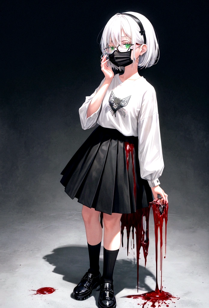 1girl, looking away, glowing eyes, green eyes, hand on own cheek, black t-shirt, black skirt, black socks, white and black shoes, dark and blue background, small hair, white hair, medium , full body, head phone, sharp fingernails, read fingernails, scary, mouth mask, wearing glasses, dark mirror, white full mon, blood on the ground, scary,