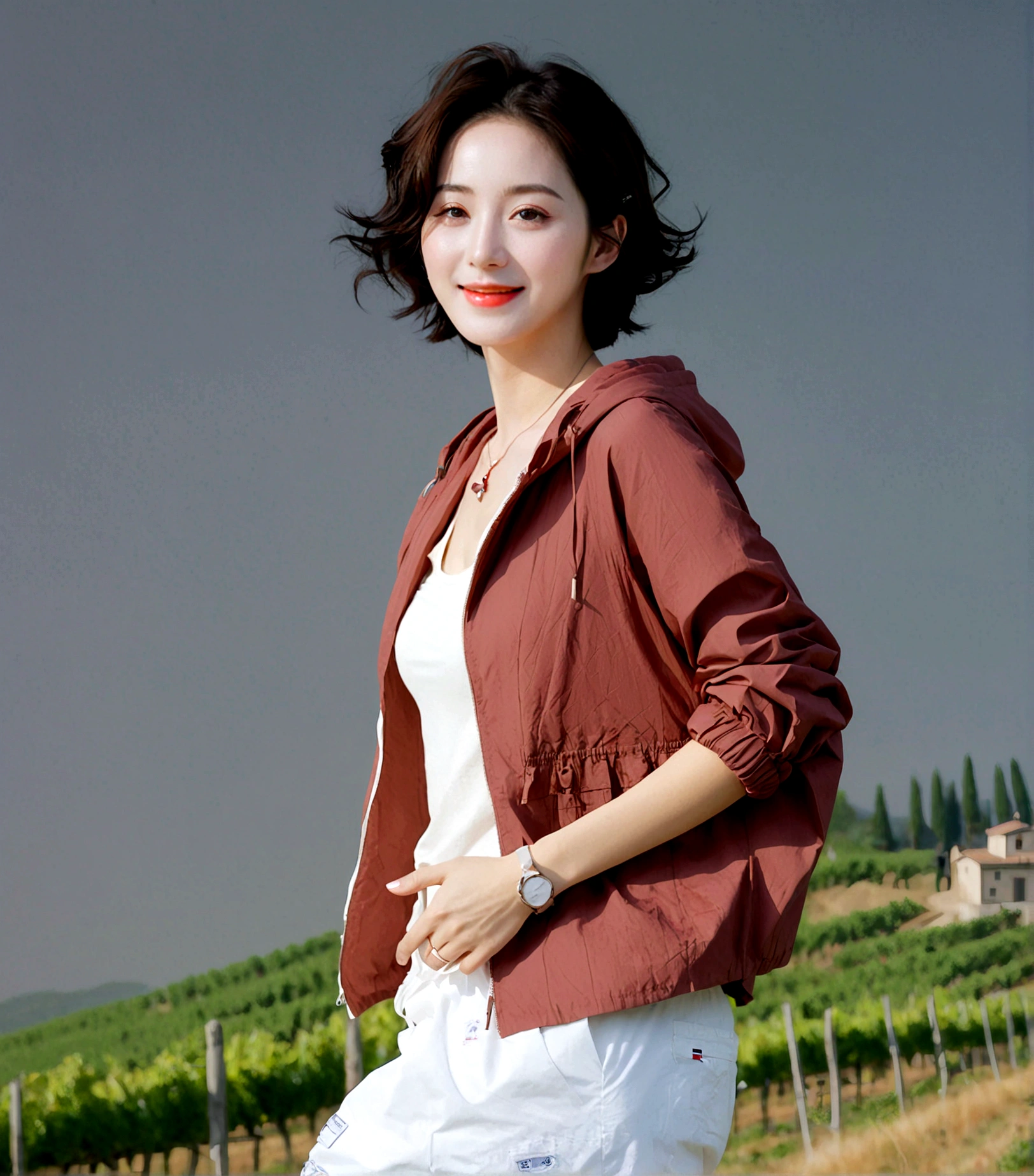 8k best picture quality, Beautiful 36-year-old Korean woman, You have good skin and big and pretty eyes... clear and nice weather. Chest size 34 inches, italian countryside, past the vineyard, The cathedral can be seen in the distance in thick fog.., The back background is realistic and vivid quality., Short and medium hair blowing in the wind, Wearing a luxury windbreaker over a t-shirt. beige casual pants, I'm smiling. Standing on a hill overlooking vineyards. the background is clear, Short and slim Korean woman, stand far away, Photo taken with a wide-angle lens, One woman with big and pretty eyes, eyes are round and big