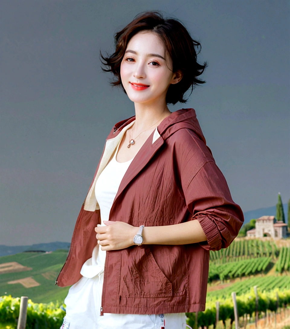 8k best picture quality, Beautiful 36-year-old Korean woman, You have good skin and big and pretty eyes... clear and nice weather. Chest size 34 inches, italian countryside, past the vineyard, The cathedral can be seen in the distance in thick fog.., The back background is realistic and vivid quality., Short and medium hair blowing in the wind, Wearing a luxury windbreaker over a t-shirt. beige casual pants, I'm smiling. Standing on a hill overlooking vineyards. the background is clear, Short and slim Korean woman, stand far away, Photo taken with a wide-angle lens, One woman with big and pretty eyes, eyes are round and big