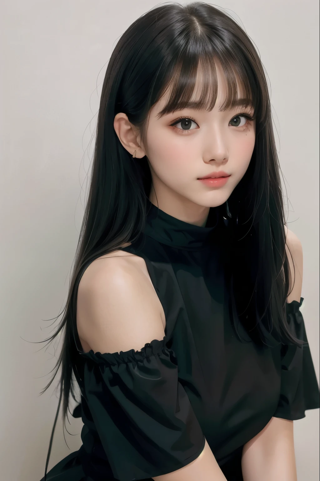 1 woman,hair with bangs,black long dress,white background,  