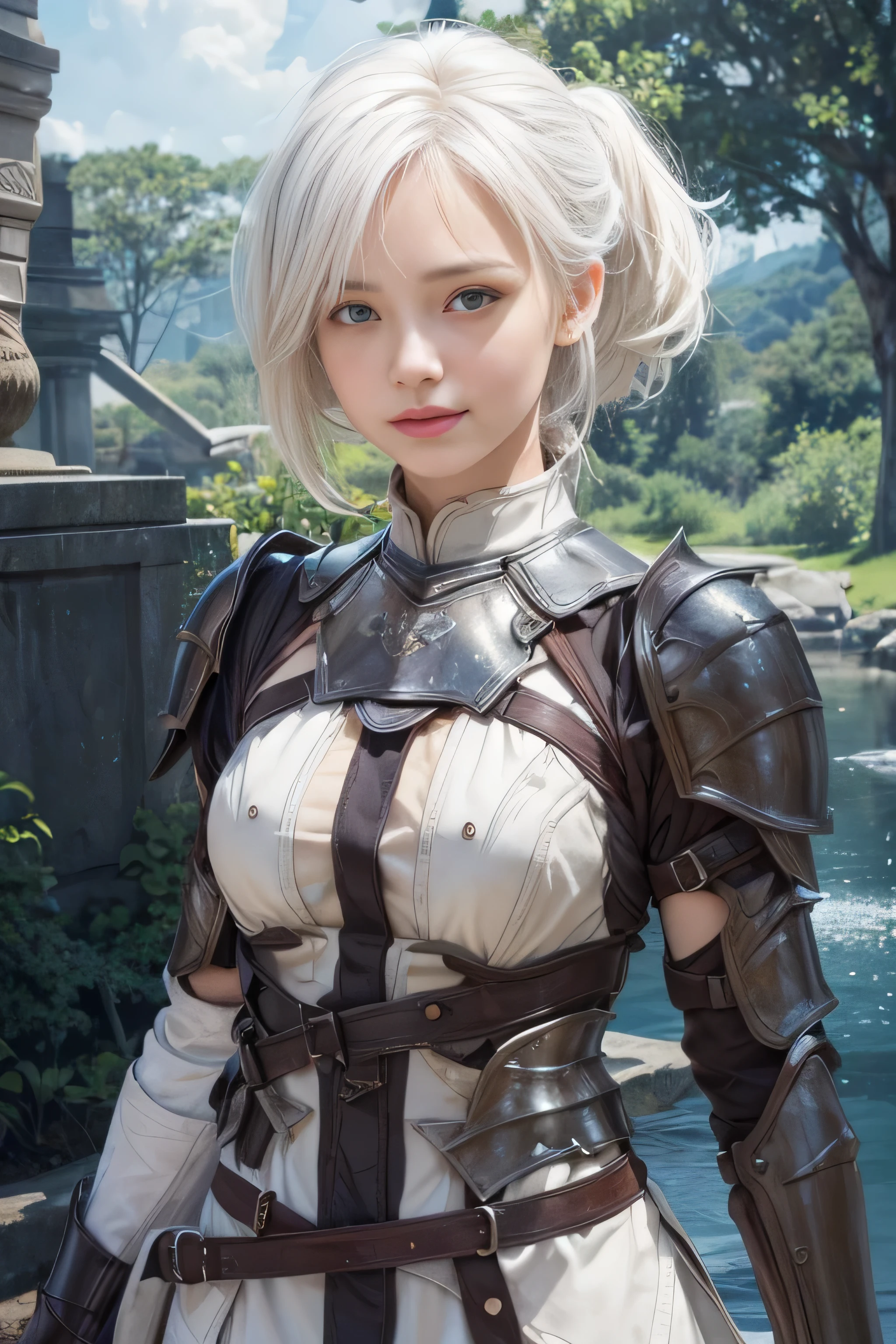 masterpiece, best quality, (realistic,photo-realistic:1.4), (RAW photo:1.2), extremely detailed CG unity 8k wallpaper, delicate and beautiful, amazing, finely detail,official art, absurdres, incredibly absurdres, huge filesize, ultra-detailed, extremely detailed, extremely detailkcaled girl,extremely detailed eyes and face, light on face,little smiles,(short hair:1.3),(white hair:1.3),nature,small breast,(wearing armor:1.4),ponytail,white shirt
