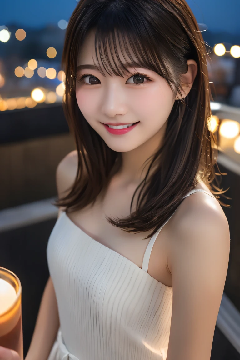 Highest quality, (beautiful)、Immerse yourself in the plan、Shoot from above、Selfie、Soft 、night、Bare shoulders、Outdoor、steam、smile