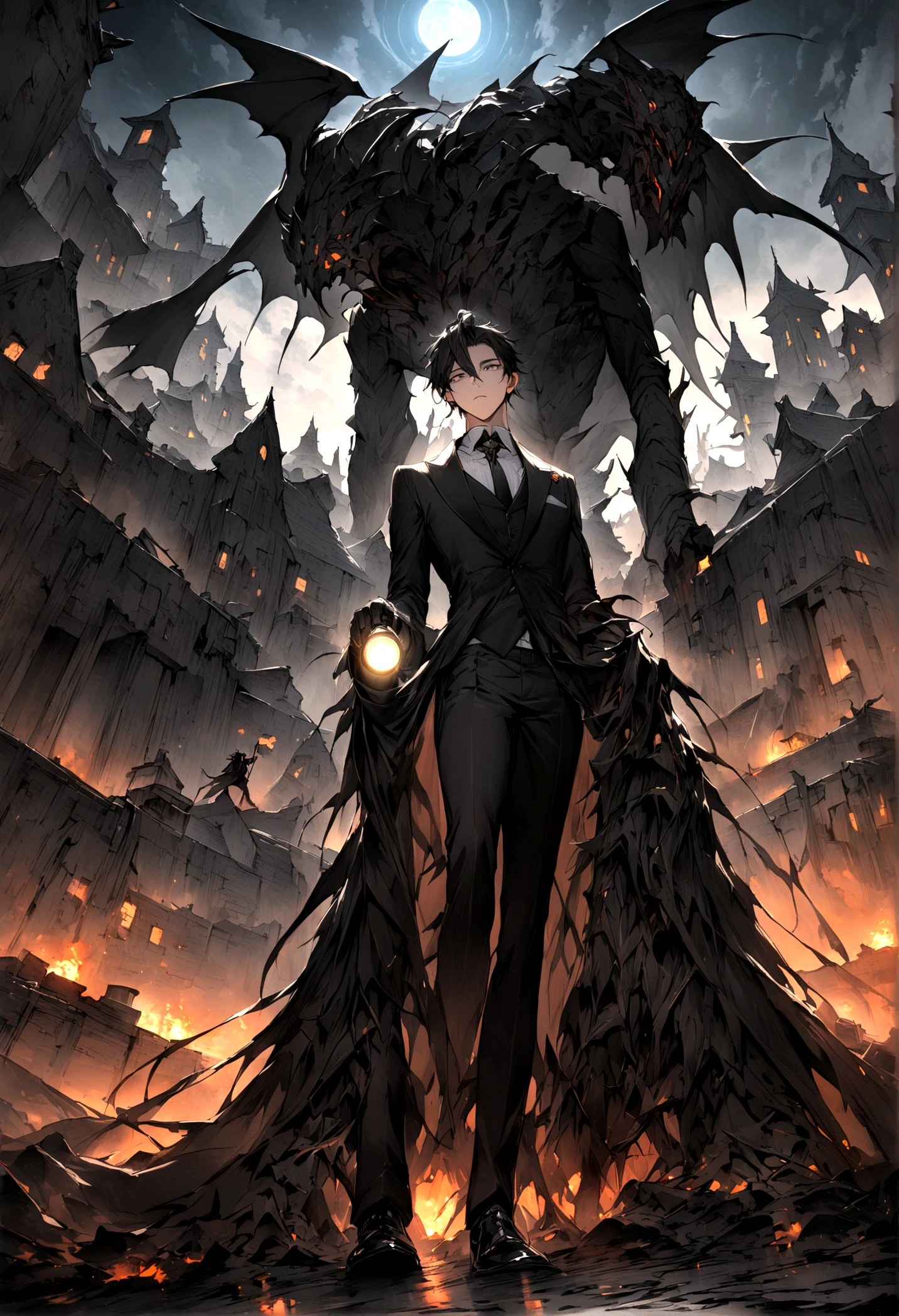 Best quality，masterpiece，Night，Dilapidated village，Young handsome man holding a flashlight，Wearing a black suit，Iguchi，Ultra wide angle，Surrealism