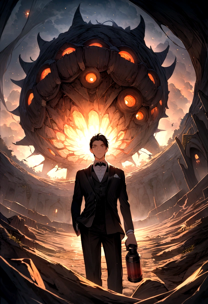 Best quality,masterpiece,Night,Dilapidated village,Young handsome man holding a flashlight,Wearing a black suit,Iguchi,Ultra wide angle,Surrealism