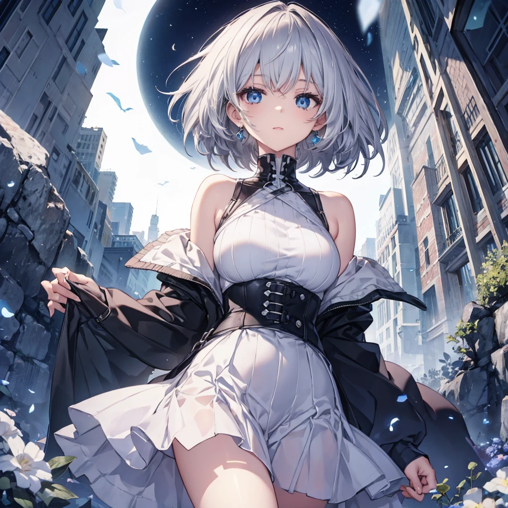 (((1 person))) ((High resolution Gray Hair short hair shoulder)) ((Black Band Lonely despair blue eyes)) moon star nude big breasts clothes open beautiful girl high school girl