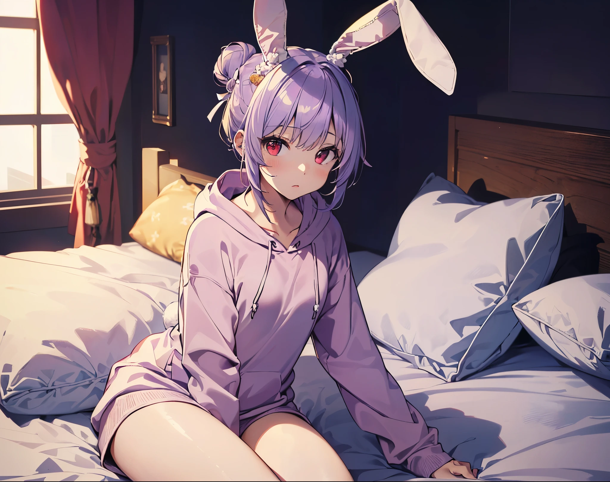 (Close-up:1.3),Realistic,Highest quality, Super detailed, High-quality CG rendering, The most delicate and beautiful, Floating softly, High resolution, (1 girl), (Highest quality,4K,8K,masterpiece:1.2 Light purple hair,(Bunny ears:1.5),(Hair in a bun:1.5),Red eyes,(Pure white oversized long sleeve hoodie:1.3),Small room,bed,(bedに座っている:1.4)