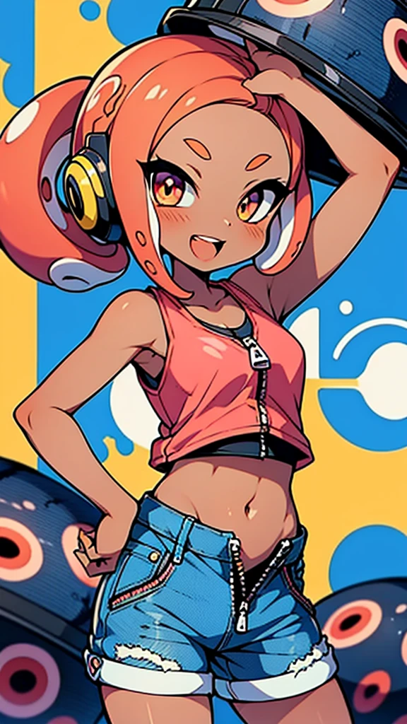 splatoon style anime illustration,octopus girl,octoling,skiny tank-top,(Denim shorts with open zipper),dark skin,hair with octopus suckers,
headphone,navel,in street,open mouth smile,