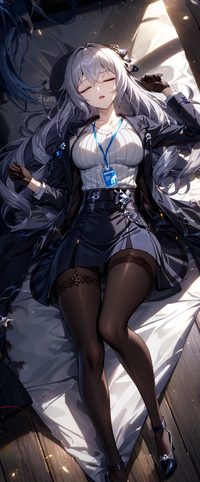 Dramatic composition, gorgeous, maximalism, delicate portrayal of hair, cinematic light, extreme detail, high definition, light particles, (closed eyes:1.3), dead, death, (expressionless:1.4), (teeth:0.9) (lying:1.2) (lying on the back:1.2), wooden floor,  bronya-OL2, suit jacket, thighband pantyhose, gloves, id card, high heels, high-waist skirt, ribbed sweater, (open mouth:1.1)