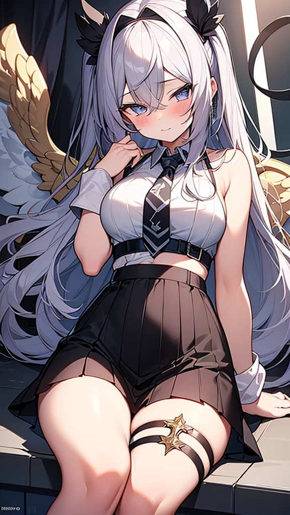 beautiful, masterpiece, Highest quality, anime, One girl, C Cup,Portrait Shot, View your viewers, Covered、Long Hair、nearby、Blue Eyes、art、、White hair,Blue streaked hair（2.0）、wallpaper、hairpin、Cute smile、Thighs、navel、Black and White_Open race queen、Blue-black_Gloves、Blue-black_Knee-high boots、、Cute、Blue-black_Short skirt、circuit、blue sky、Blue-black_mini skirt、Blue-black_Very short belted skirt、Sci-fi full harness（1.1）、Lying on your back、bed