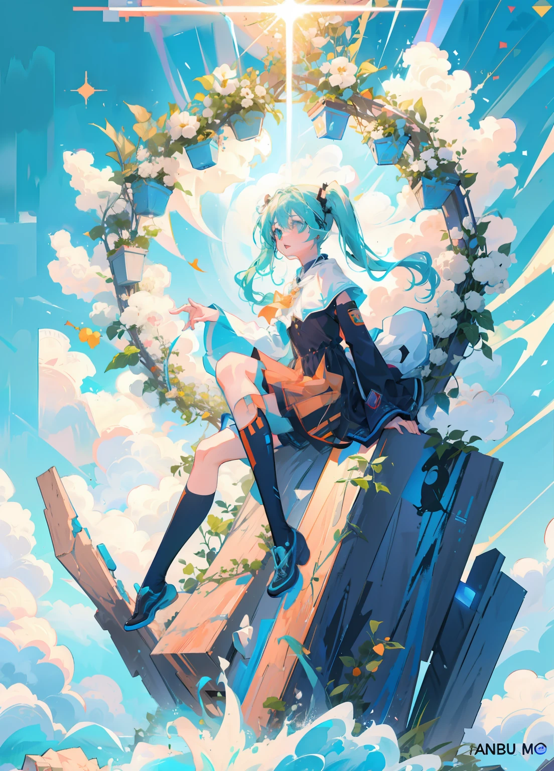 (masterpiece、Highest quality、Highest quality、Official Art、Beautiful and beautiful:1.2) Hatsune Miku, (One girl:1.3) with twin tails, features Beautiful breasts, showcasing a Logo with text "Harbour Bay Mouse" placed elegantly. The Wave Line Art Logo, bold in Black and dark blue, contrasts beautifully with the Light Blue and Bright Orange background. The design is minimal and pure, yet the detail is superb, focusing on a Whale in a simple yet super detailed silhouette. The attention to detail is evident in the Detail view, with Vectorization and precise use of Silhouette accentuating