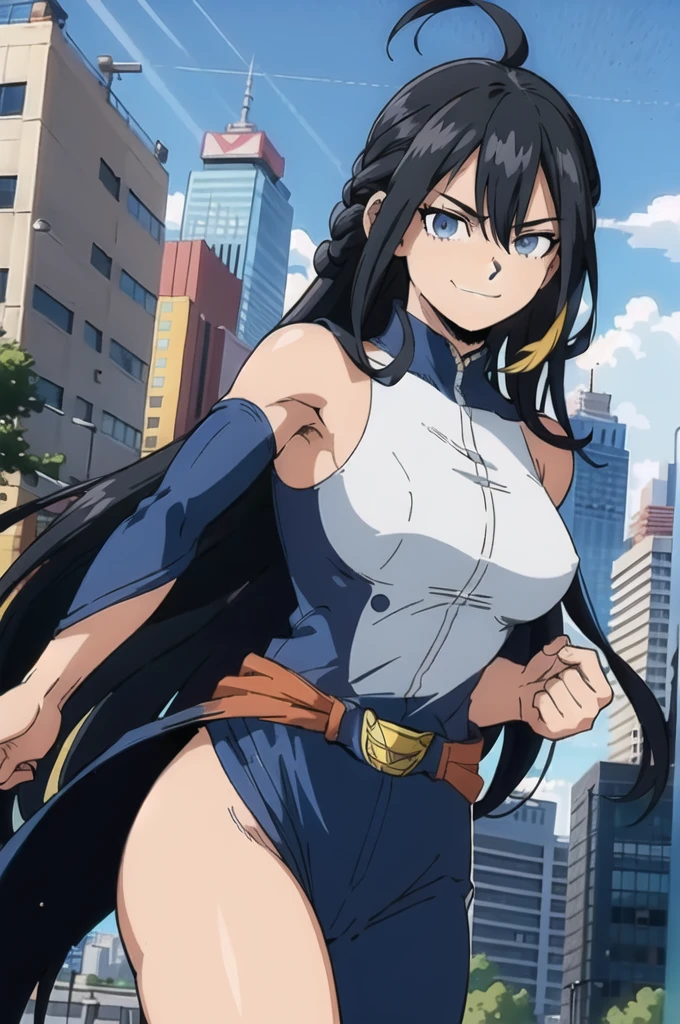 (masterpiece, best quality:1.4), cinematic light, colorful, high contrast, (1girl), NanaShimura, boku no hero academia, black hair, long hair, [folded ponytail:0.5], (large breasts), blue eyes, sleeveles, hair between eyes, belt, city, smirk, naked