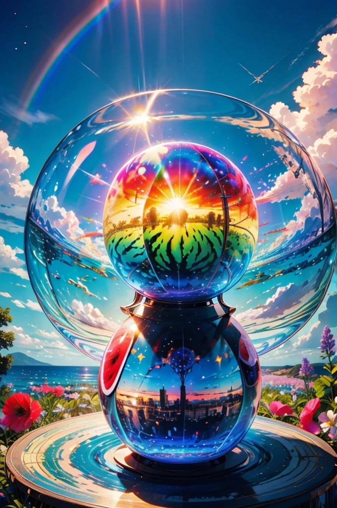 (Highest quality), (8K), (Highest quality), (live-action), (Realistic photos), summer、summerを感じる物、summerを感じる風景, watermelon、blue sky, Rainbow and sunshine shining.16K, Ultra-high resolution, Shining in rainbow colors、to be born,wonderful ,future、Iridescent、The world 30 years from now。