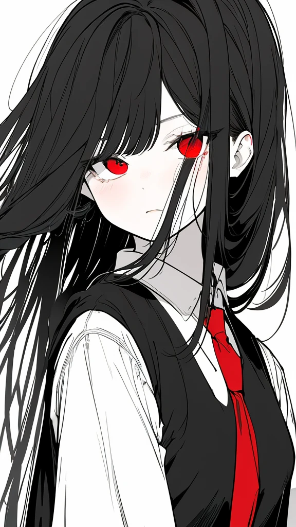 monochrome color, Red Art, grayscales、​masterpiece、top-quality、Top image quality、straight haired、Hanging eyes、kawaii、A darK-haired、red eyes、Uniforms、the wind、