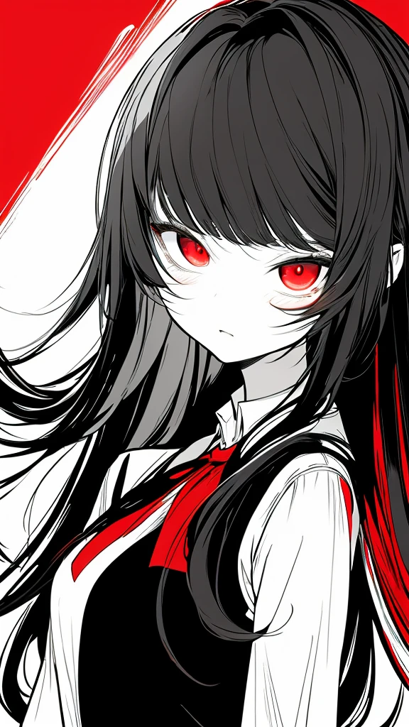 monochrome color, Red Art, grayscales、​masterpiece、top-quality、Top image quality、straight haired、Hanging eyes、kawaii、A darK-haired、red eyes、Uniforms、the wind、