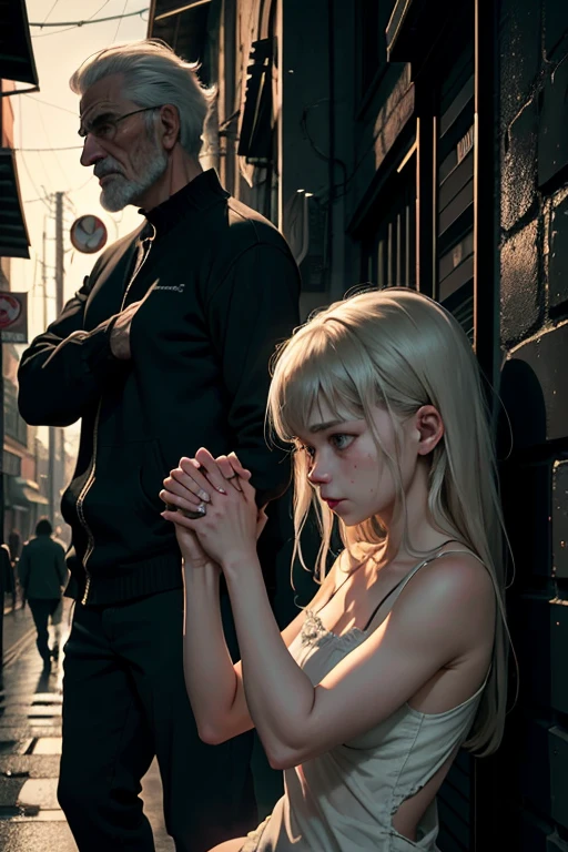 ((Masuter piece, Best Quality, High Resolution)), The setting is a dimly lit, clandestine alleyway in the heart of a bustling city. A young woman, no more than 18, stands naked, her youthful vulnerability contrasting starkly against the rugged, seasoned presence of the 60-year-old man behind her. Her legs are parted, inviting a glimpse of their intimacy, each line and curve meticulously captured in 8K resolution. The elderly man's dominated stance is a stark contrast to the ager's delicate frame, the pain etched on her face a testament to their shared experience. Three onlookers, each armed