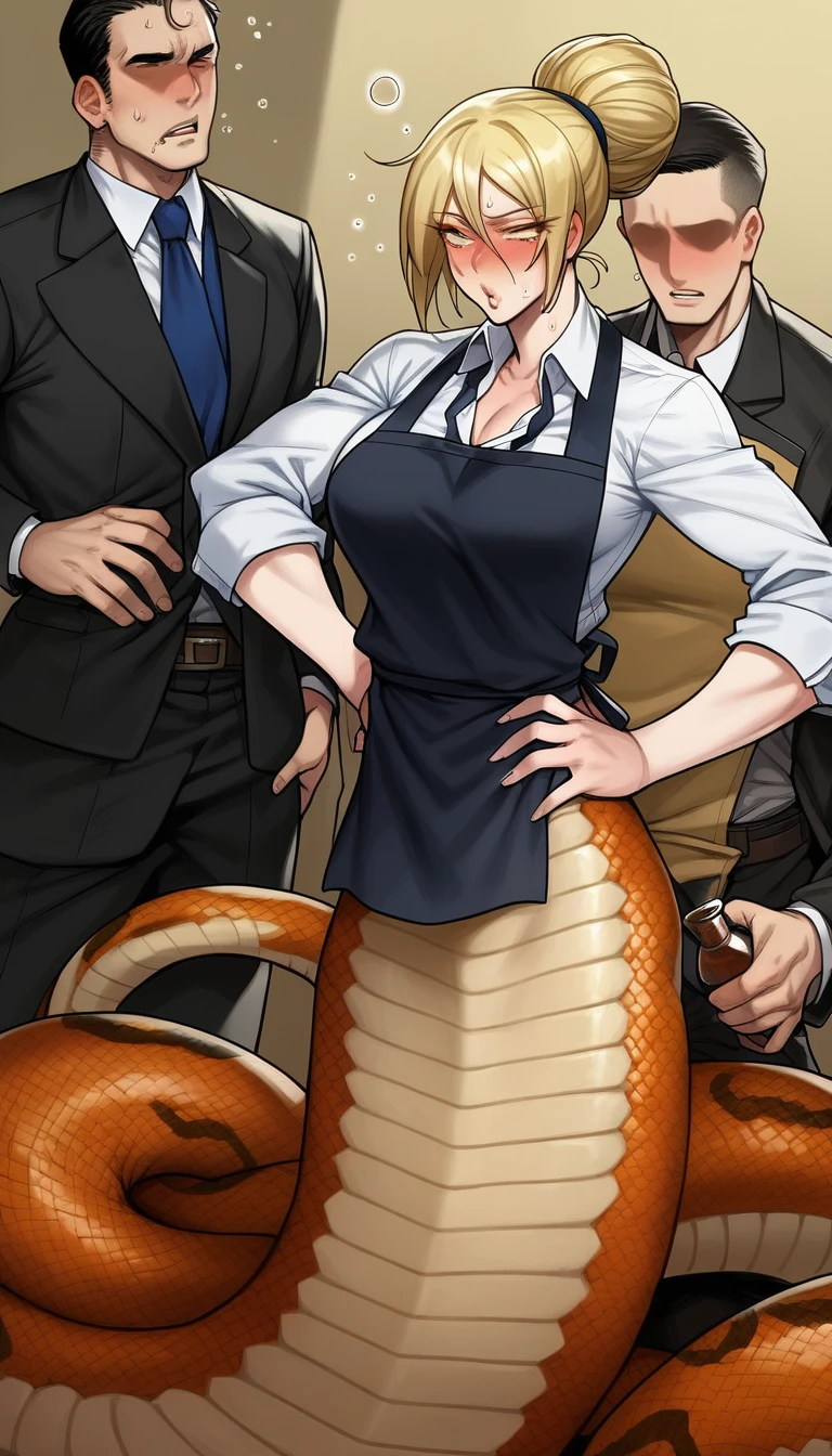 score_9_up, ((adult)), (lamia:1.2), (2others, separate screen), (female, beautiful face, skin scales, snake skin scales), (Disheveled long length bun hairstyle), (Disheveled sport croptop, apron), (show snake tail), (hands on hips, her menacing face expression),
(man, faceless, disheveled business suit, drunk, guilty pose), scene background