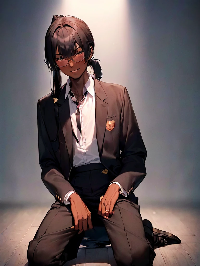 (1 boy solo),(dark skin:1.5) ,20 years old, (black hair:1.3),  (glasses:1.4),  , (straight hair:1.5), (evil smile:1.2) ,long sidelocks, (blush:1.3),(kneeling:1.3),(Put left knee in front:1.5),(boy's school uniform jacket,pants:1.5),spread legs,bend knee,(low long ponytail:1.4),(blunt bangs:1.4), (greaming skin:1.3),(flat_chest),(wide hips:1.3)