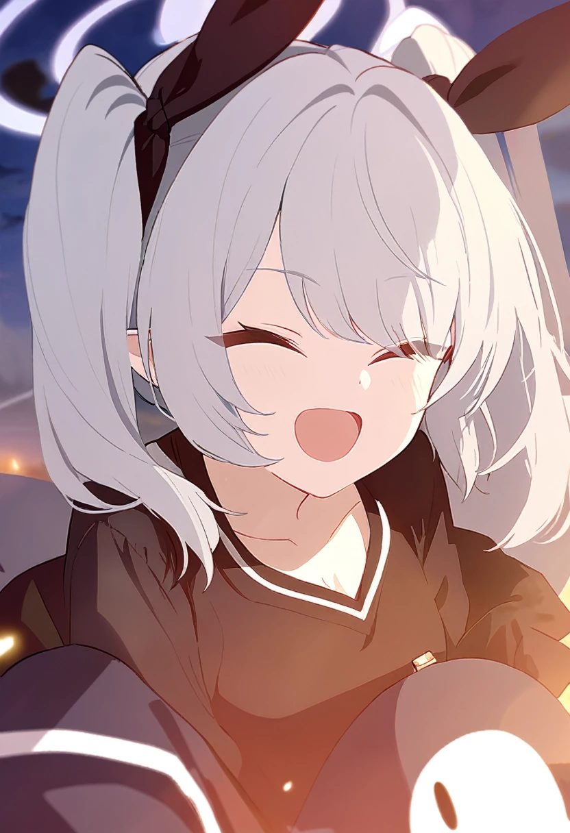 iori, blue archive, smiling, closed eye, silver hair, twintail, v neck, cute,