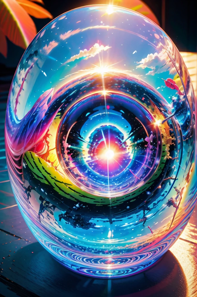 (Highest quality), (8K), (Highest quality), (live-action), (Realistic photos), summer、summerを感じる物、summerを感じる風景, watermelon、blue sky, Rainbow and sunshine shining.16K, Ultra-high resolution, Shining in rainbow colors、to be born,wonderful ,future、Iridescent、The world 30 years from now。