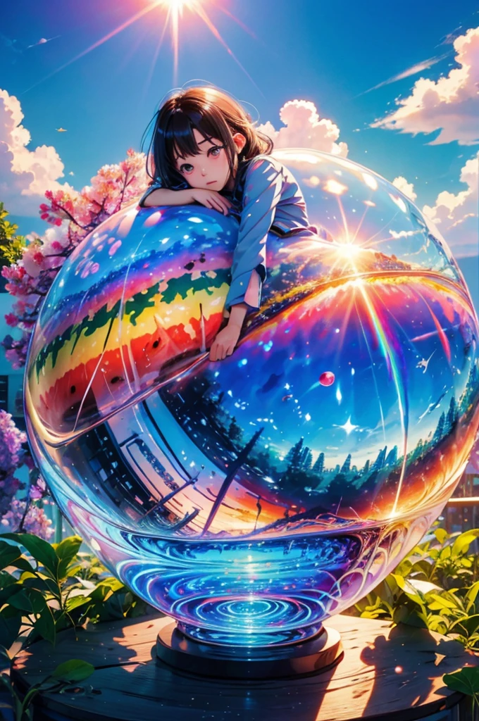 (Highest quality), (8K), (Highest quality), (live-action), (Realistic photos), summer、summerを感じる物、summerを感じる風景, watermelon、blue sky, Rainbow and sunshine shining.16K, Ultra-high resolution, Shining in rainbow colors、to be born,wonderful ,future、Iridescent、The world 30 years from now。