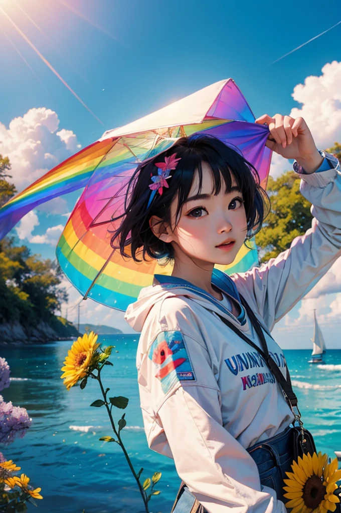 (Highest quality), (8K), (Highest quality), (live-action), (Realistic photos), summer、summerを感じる物、summerを感じる風景, watermelon、blue sky, Rainbow and sunshine shining.16K, Ultra-high resolution, Shining in rainbow colors、to be born,wonderful ,future、Iridescent、The world 30 years from now。