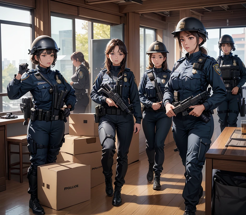 A group of female police officers all wearing brown uniforms、Full helmet、Pants、Various police equipment、Inside the base、Write details、masterpiece、best quality、Highly detailed CG、8K picture quality
