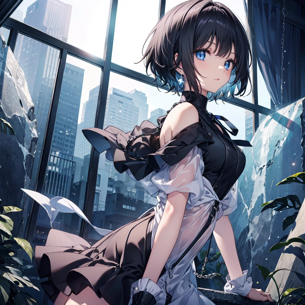 (((1 person)))　((High resolution　Black Hair　short hair　 shoulder))　((Black Band　Lonely　despair　blue eyes))　　moon　star　nude clothes open beautiful girl high school girl