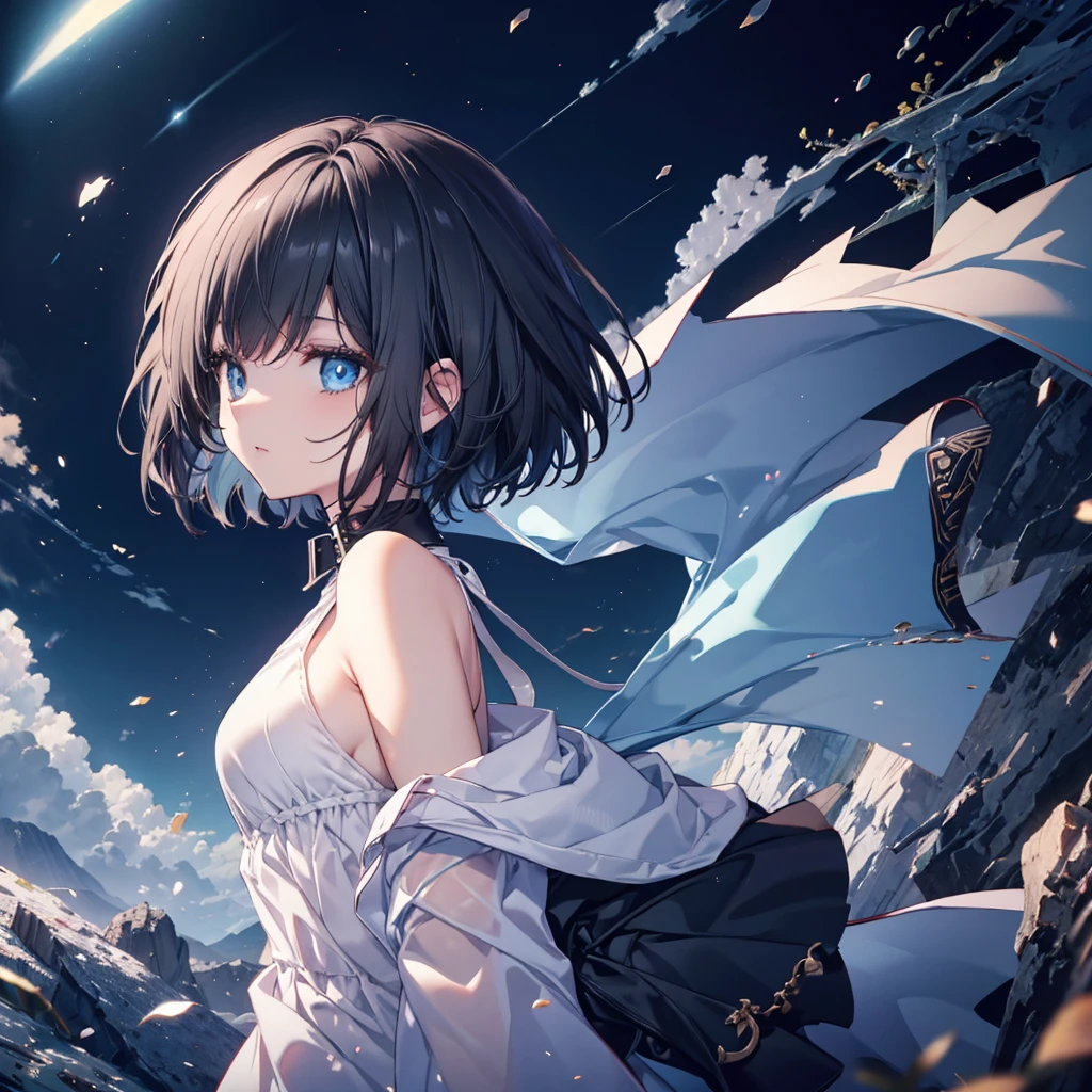(((1 person))) ((High resolution Black Hair short hair shoulder)) ((Black Band Lonely despair blue eyes)) moon star nude clothes open beautiful girl high school girl