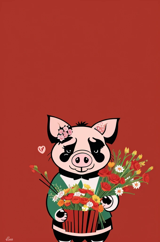 Cartoon pig wearing red tiger holding a bouquet of flowers