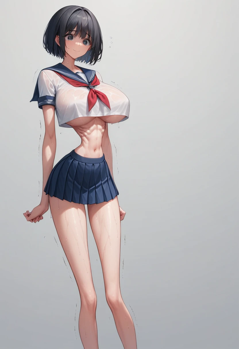 (masterpiece, best quality:1.2), front shot, beautiful thin 1girl, (super big breasts, micro waist, very long legs:1.5), Black hair, short bob hair, (Extremely skinny), short height, Light Skin, cute big eyes, cute beautiful thin face, forced smile, serafuku, mini skirt, Arched back, pigeon-toed, Embarrassing pose, Long and thin navel, (beautiful visible ribs), wet and sweaty, Trembling